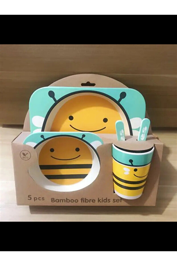 Kids Dinner Set 5 pcs Carton Tableware Dish Children Bamboo Fiber Plate Bowl Cup Spoon Fork Non Toxic & Eco Friendly Baby Kitchen Utensil perfect gift for kids(bee)