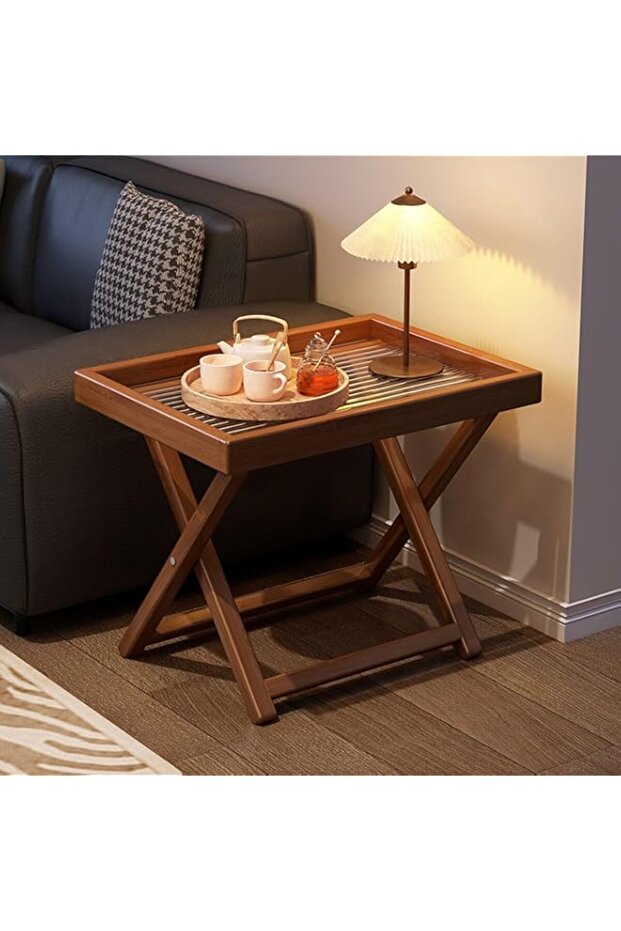 Foldable End Table, Bamboo Side Table with Acrylic Desktop & X-Shaped Bamboo Frame, Tray Table with Detachable Desktop for Living Room Bedroom Balcony