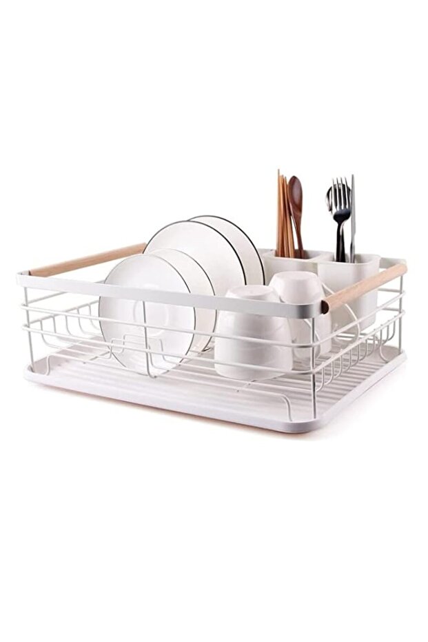 NW Dish Drying Rack for Kitchen Counter - Modern Wood Handle Dish Rack with Drain Board & Utensil Holder, Compact Cutlery Dish Drainer Rustproof