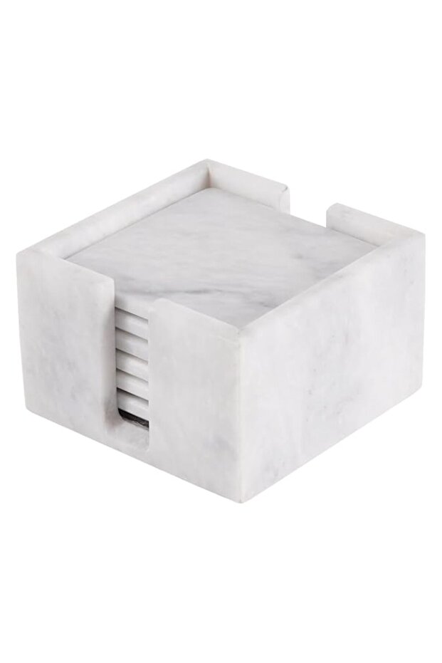 RADICALn Handmade White Marble Coasters Set of 6 – 3.5'' Square Drink Protectors with Holder for Dining Table, Coffee Table, Kitchen, or Home
