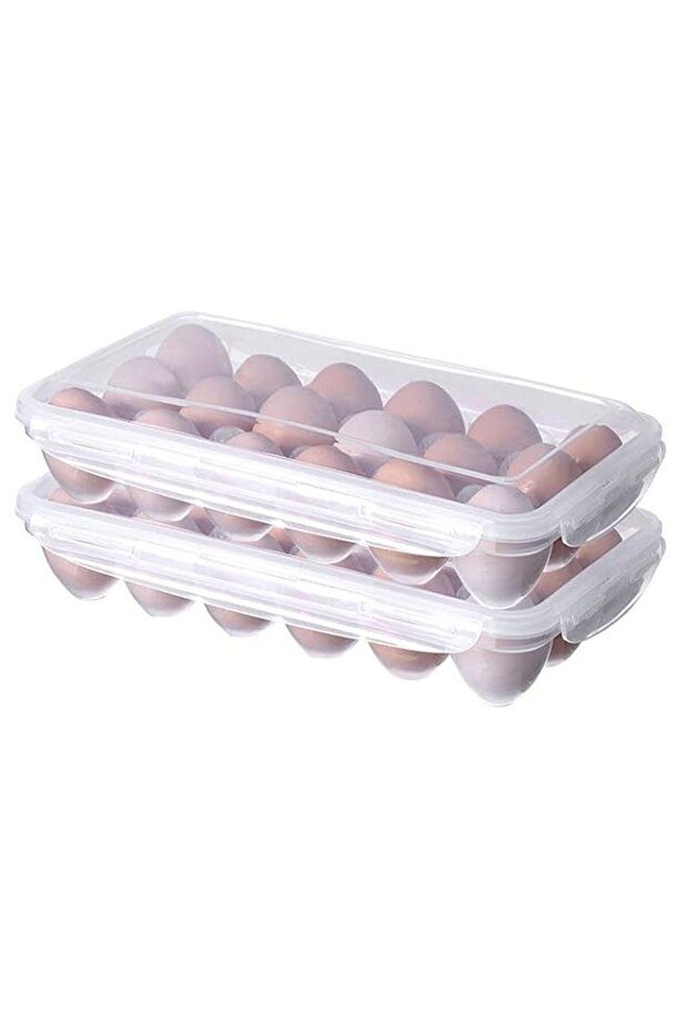 Bukela Refrigerator Egg Container, Plastic Storage Tray with Lid, Deviled Egg Carrier, 2 Pack Covered Holder, Fits 18 Eggs Each, Kitchen Organization Solution