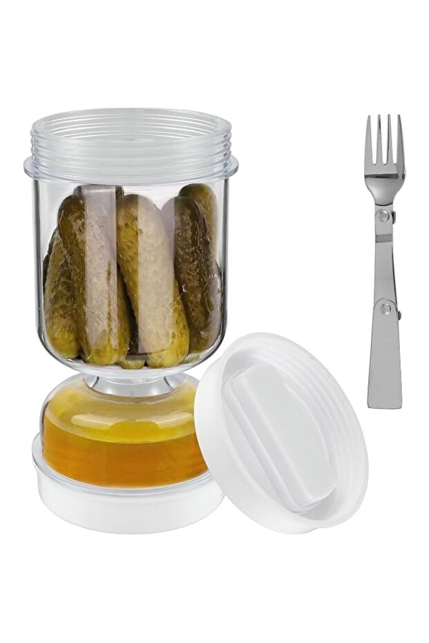 Pickle Container with Strainer, Wet And Dry Separation Pickle and Olive Jar with Fork Leakproof Airtight Food Containers Upside Down Pickle Container Reusable for Food Storage