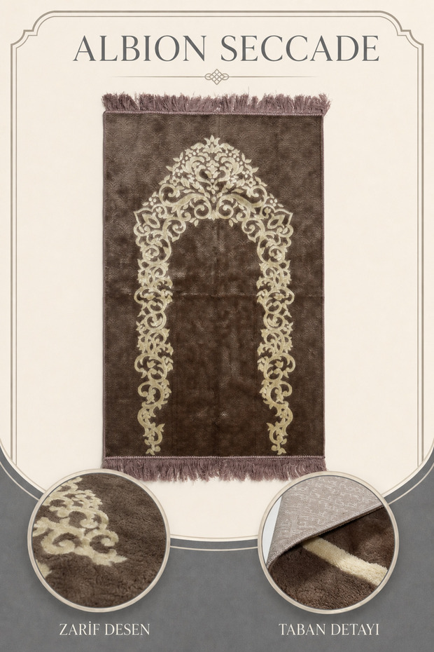 Albion Prayer Rug Velvet Soft Textured Mihrap Patterned Luxury Prayer Mat 70X110 | Brown Prayer Mat