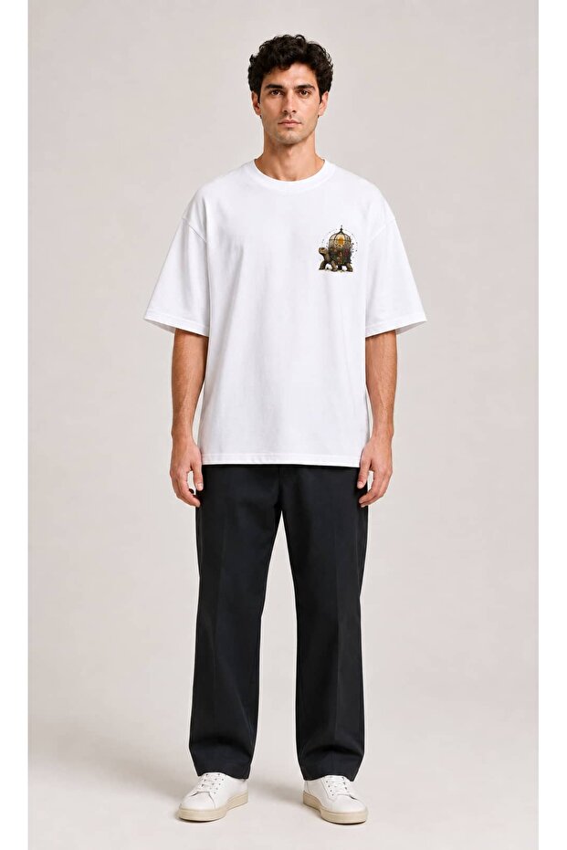 White Oversize Minimal Turtle Print Design T-Shirt