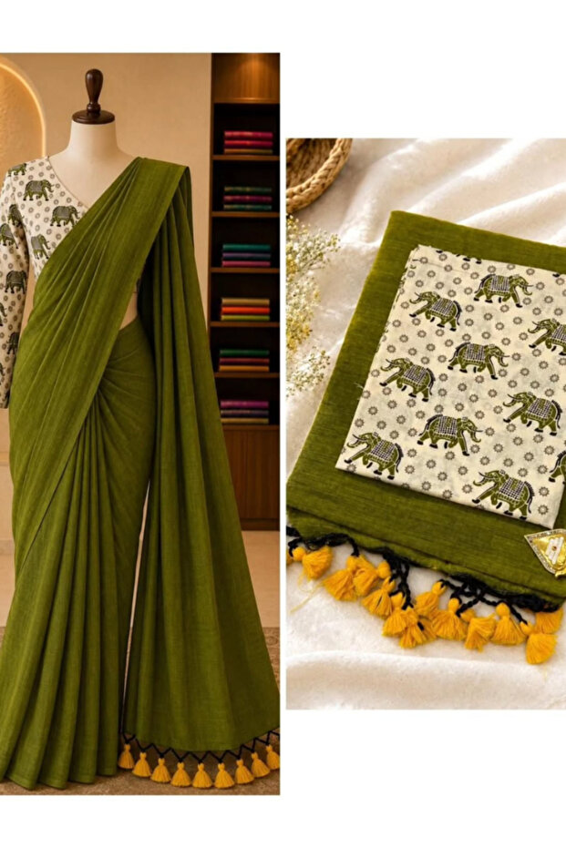 Green Khadi Cotton Saree with Floral Printed Blouse - EFS9647 | Green-Size-0