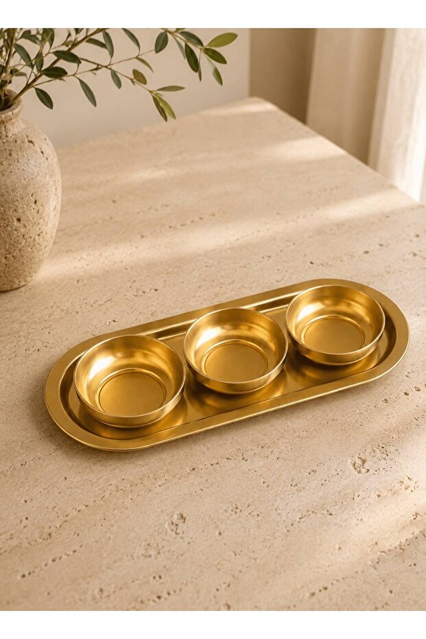 Gold Oval Presentation Tray and 3 Metal Snack Bowls