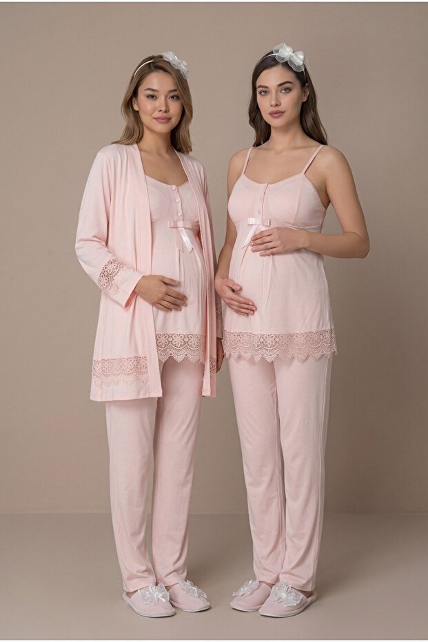 Women's Powder Thin Strap Lace Maternity Pajama Set with Dressing Gown