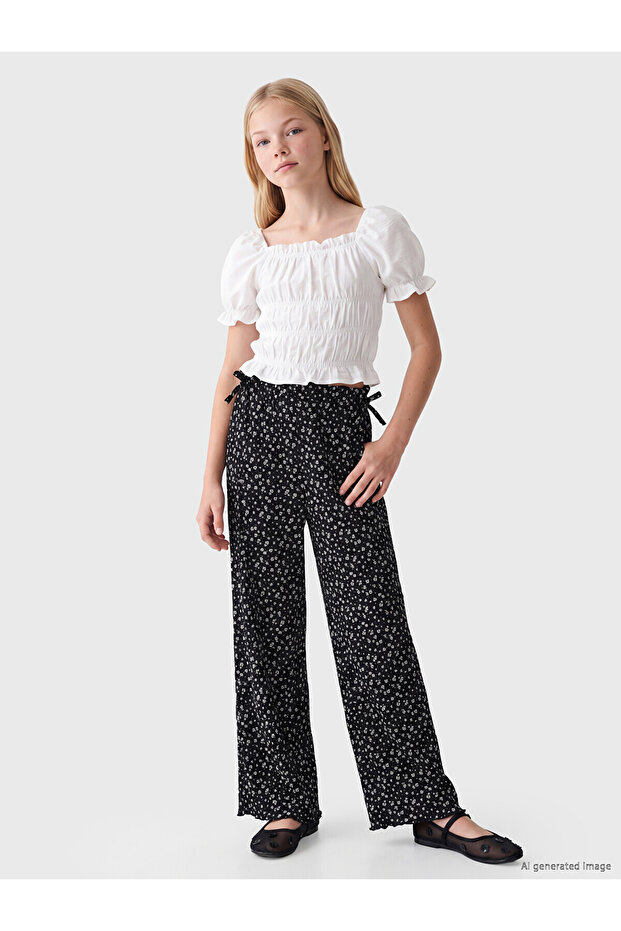 Nevavm Wide Leg Girls' Pants with Floral Print and Difference