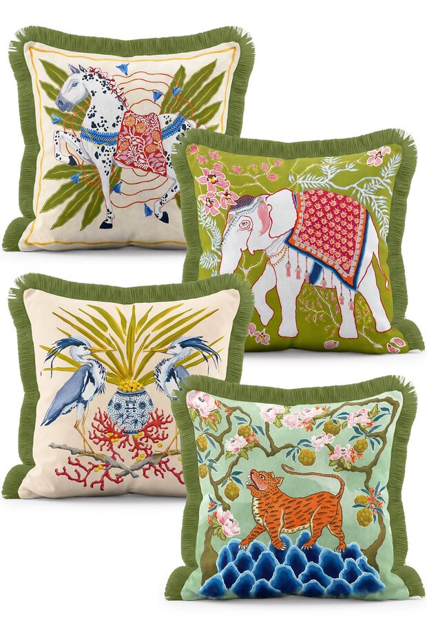 Green 4-Piece Fringed Throw Pillow Cover Set with Exotic Animal Themed Horse, Elephant, Tiger and Bird Figures