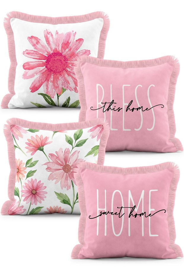 Set of 4 Fringed Throw Pillow Covers with Pink Daisy Pattern and "Home Sweet Home" Written
