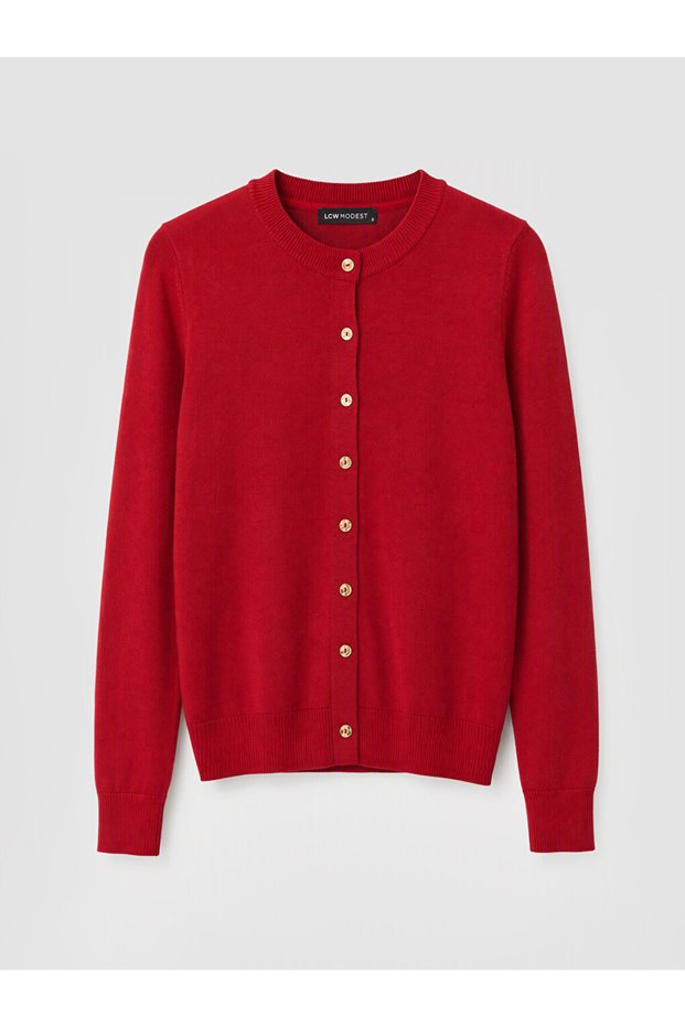 Red Crew Neck Women's Knitwear Cardigan
