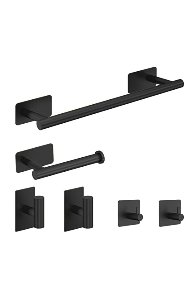 6 PCS Towel Rack Set, Rustproof & Wall Mounted Stainless Steel Bathroom Accessories Kit Include Toilet Paper Holder, Towel Rack, 2 Multifunctional Hooks, 2 Towel Hooks - No drilling (Black)