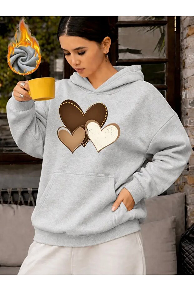 Hearts Printed Oversize Unisex Women'S/Men's Hooded Sweatshirt