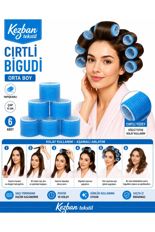 6-Piece Medium Size Hair Curler with Velcro - Adhesive Hair Curler (Diameter: 40mm)
