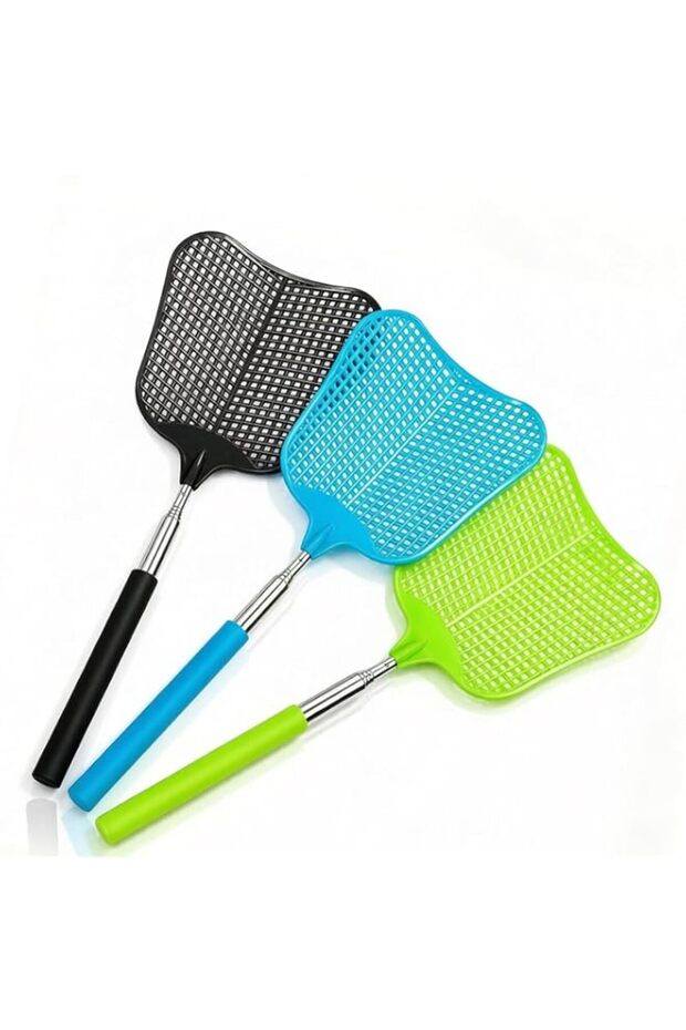 3 Pack Telescopic Fly Swatters with Stainless Steel Extendable Handle, Black Blue Green Durable Swatters for Home Kitchen Patio