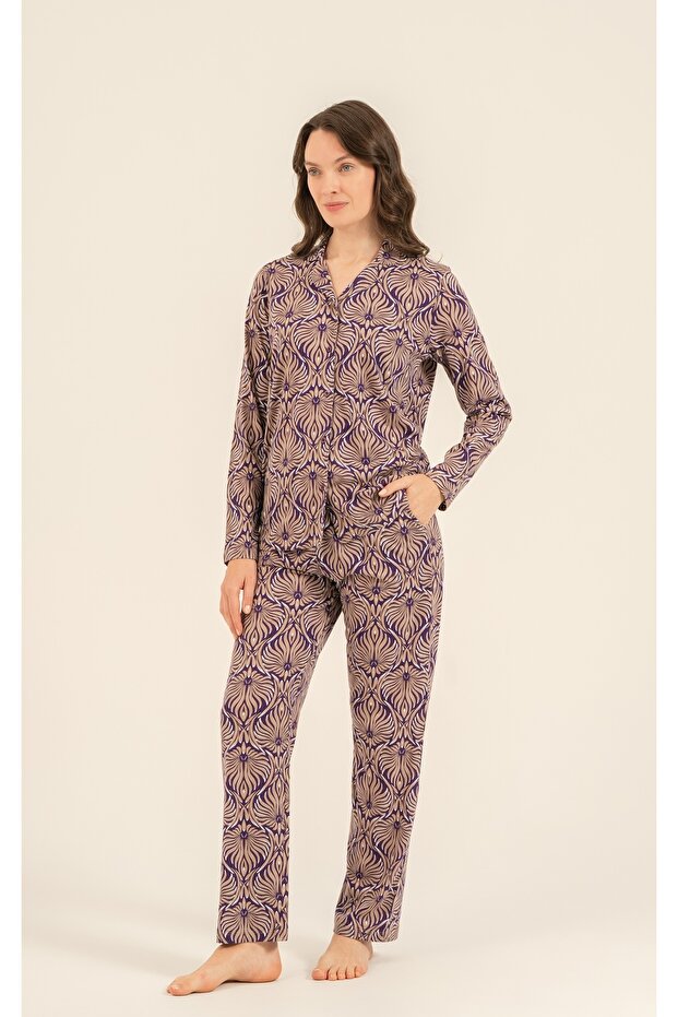 Women'S, Floral Patterned, Brown, Shirt Pajama Set (with Socks as a Gift)