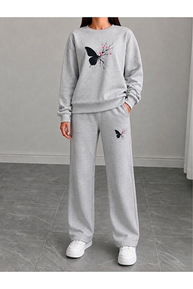 Women's Butterfly Sakura Printed Cropped Crewneck Bottom/Upper Tracksuit Set