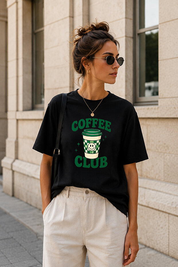 Premium Coffee Club Printed Black Oversize Unisex T-Shirt