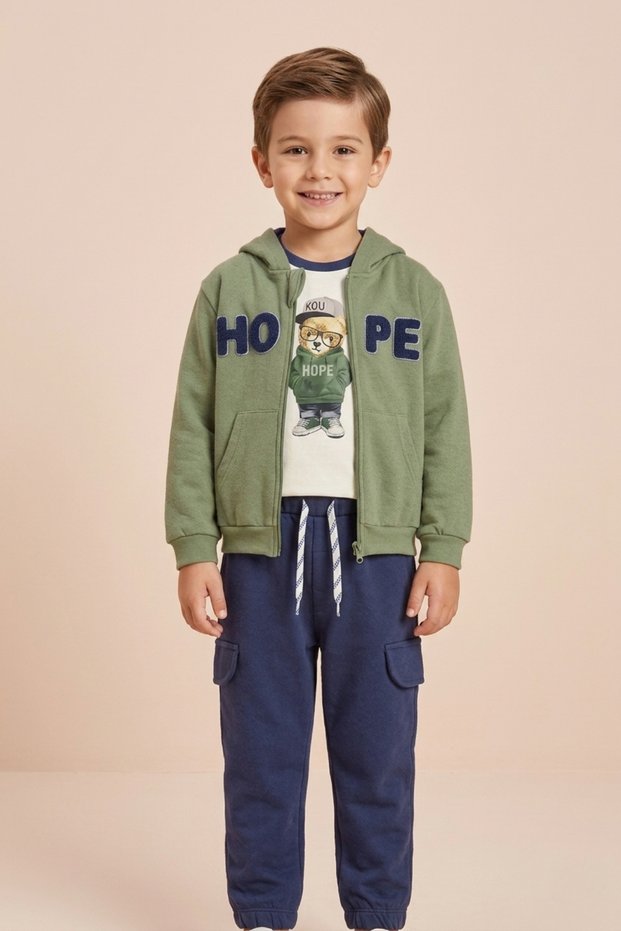 Boys' Hooded Zippered Cardigan with Embroidery and Cargo Pockets 3-Piece Tracksuit Set