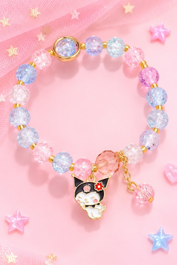 Cute Cat Kuromiii Patterned Pastel Colored Beaded Figured Bracelet Gold Detailed Dangle Charm Bracelet