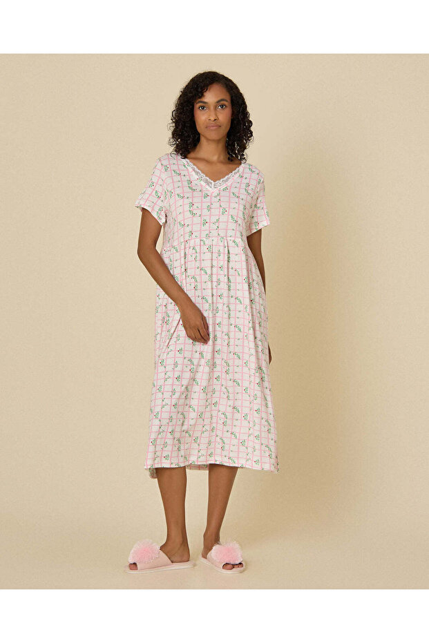 Women White Printed V Neck Nightgown