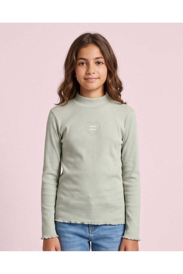 Senior Girls Sage Rhinestone Rib Peter Pan High Neck T-Shirt