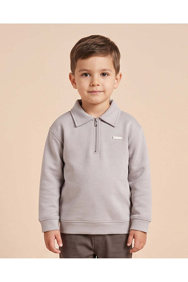 Boys Grey Zipper Polo T-Shirt
