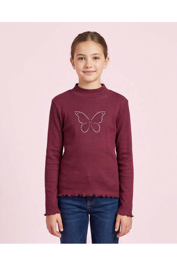 Senior Girls Burgundy Rhinestone Rib Peter Pan High Neck T-Shirt