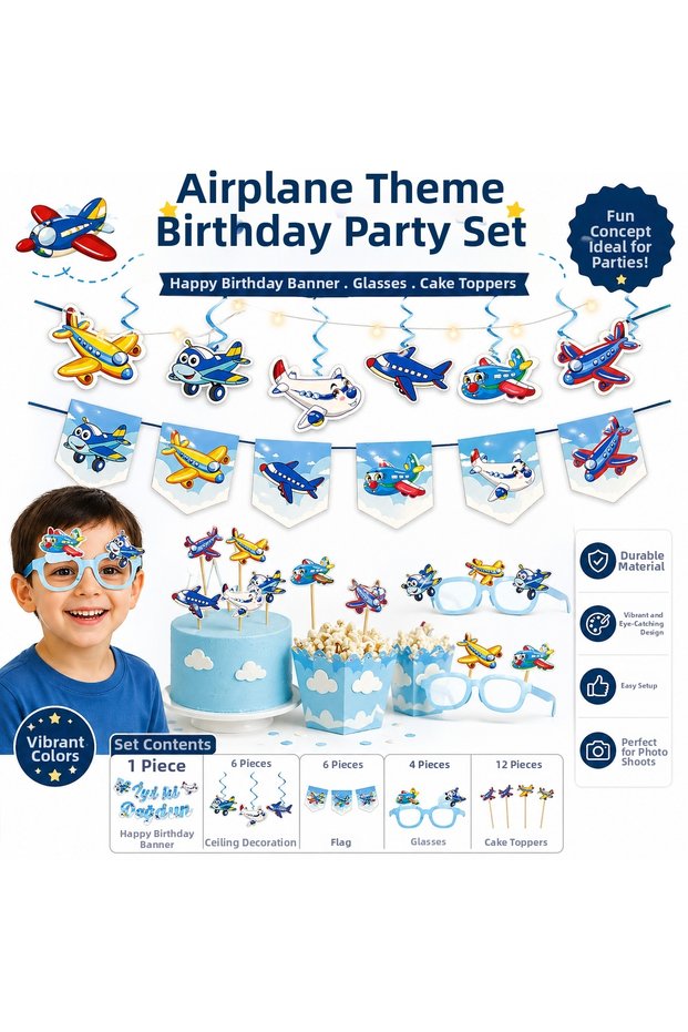 Airplane Themed Birthday Party Set – Banner, Glasses, Cake Decoration, Flag Set | Boy's Party Concept