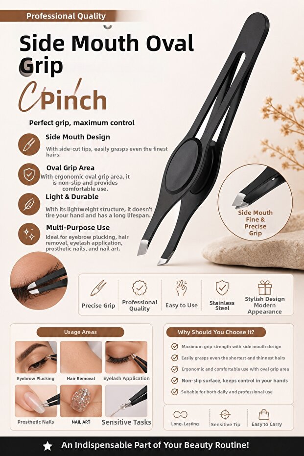 Black Side Mouth Tweezers with Oval Tip for Precision Eyebrow and Hair Removal