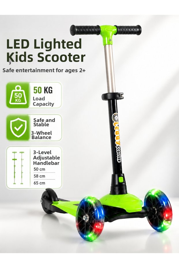 Led Lighted 3-Wheel Children's Scooter – Balanced Scooter with 3-Level Adjustable Handlebars, 50 Kg, Ages 2+