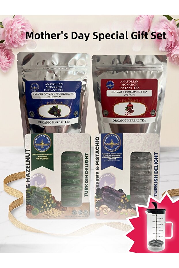 Mother's Day Gift Set with French Press, Pomegranate Tea & Black Mulberry Tea + 2 Protein-Laced Turkish Delight 250Gr