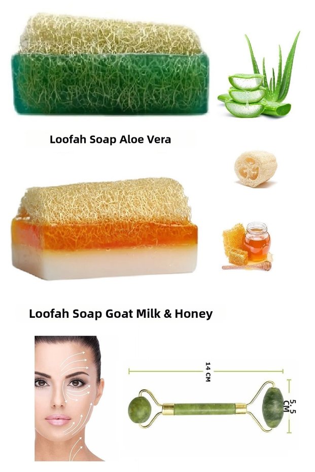 Set of 3 Natural Pumpkin Fiber Goat Milk & Honey & Aloe Vera Extract Soap Double-Sided Facial Massage Tool