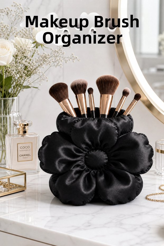 Flower Shaped Satin Textured Makeup Brush Organizer 15X11Cm Pla Decorative Organizer