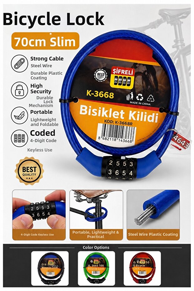 Blue Combination Bicycle Lock 70 cm Thin 1 Piece K-3668 Steel Cable Plastic Coated Bike Lock