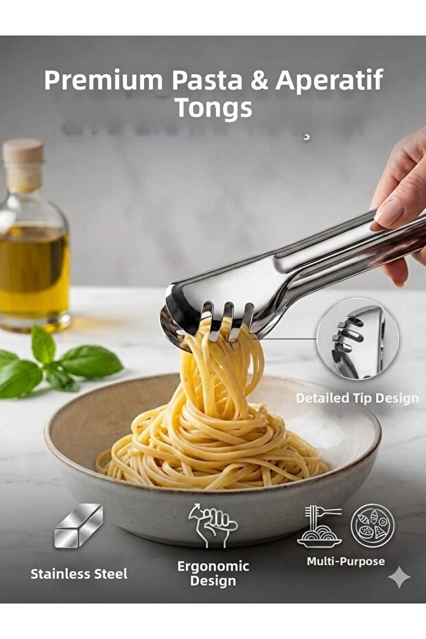 Stainless Steel Premium Pasta and Salad Tongs - Multi-Purpose Serving Tongs with Special Threaded Tips