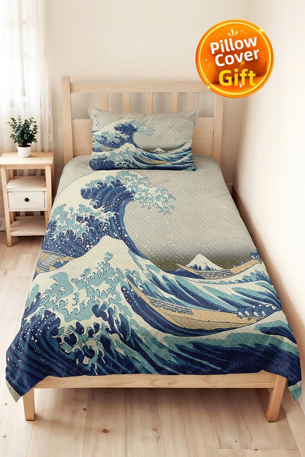 Blue Wave Marine Teen Room Single Pique Set-Japanese Inspired 160X220 cm Quilted Bedspread