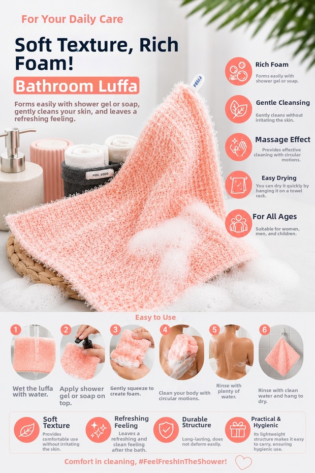 Bath Loofah, Shower Loofah – Soft Textured, Highly Foaming Body Cleansing Loofah 25X35Cm Orange