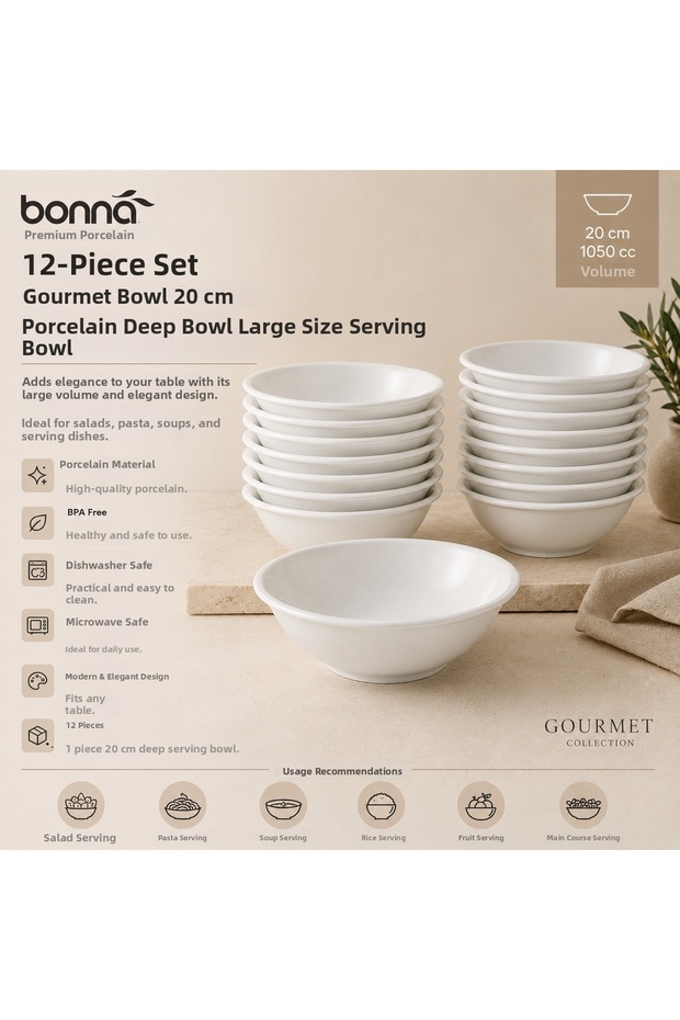 Bonna Gourmet Porcelain Large Size Serving Bowl Deep Plate 20 cm 1050 Cc