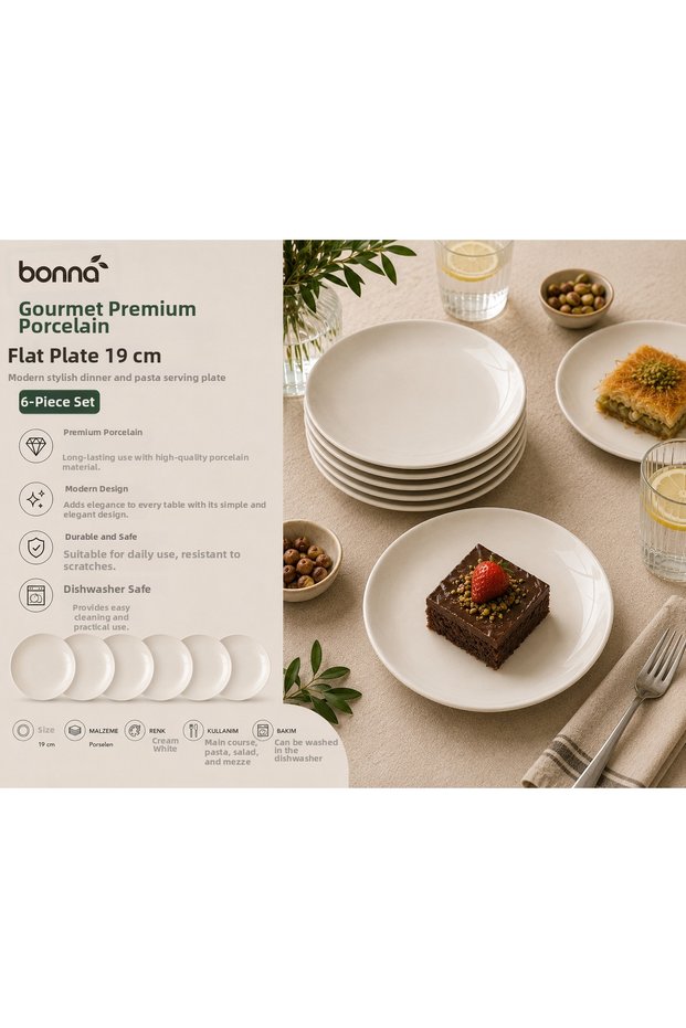 Bonna Gourmet Premium Porcelain Flat Plate 19 cm - Modern and Stylish Food and Cake Presentation Plate