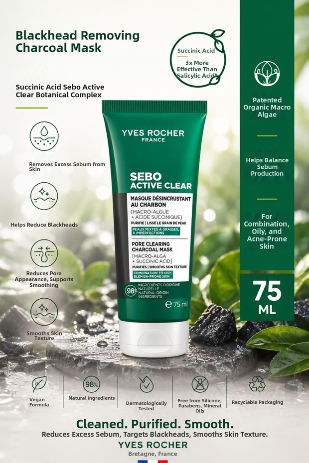 Anti-Blackhead & Pore Tightening Charcoal Face Mask for Combination and Oily Skin - 75 ml