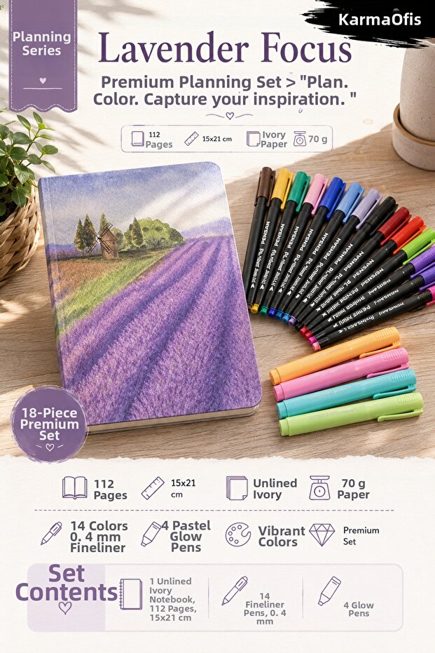 Lavender Premium Planning Set | 112 Sheets A5 Unlined Ivory Notebook + 14 Colors 0.4 Fineliner Pens + 4 Pastel Highlighters