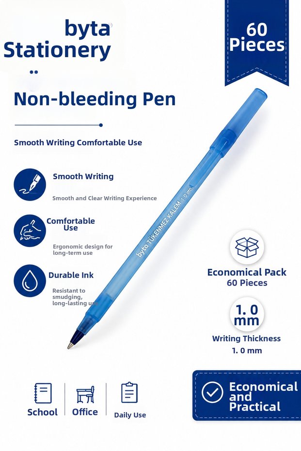 Blue Ballpoint Pen 1.0 mm – 60 Pieces Economic Package