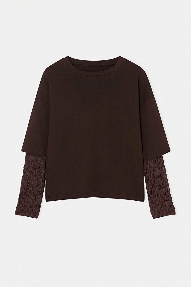Kahverengi Dantel Kol Detaylı Büyük Beden T-shirt TBBSS26BF00048 - 4