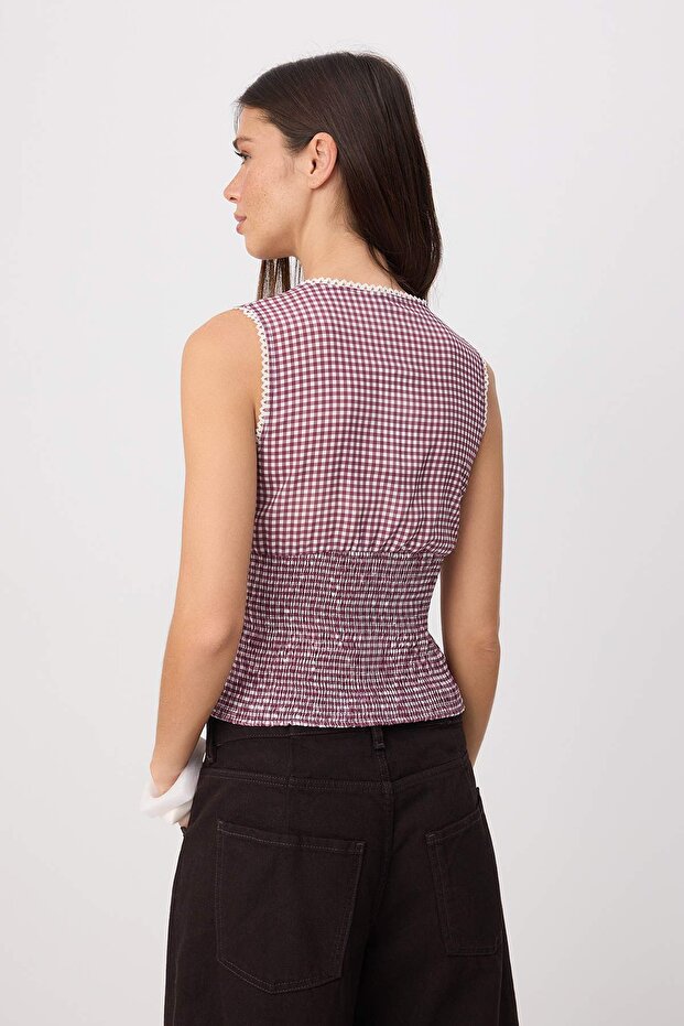 Bordo Ekose Desen Gipe Detaylı Dokuma Bluz TWOSS26BZ00600 - 4