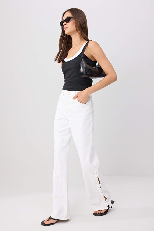 Beyaz Düğme Detaylı Yüksek Bel Wide Leg Jeans TWOSS26JE00356 - 2
