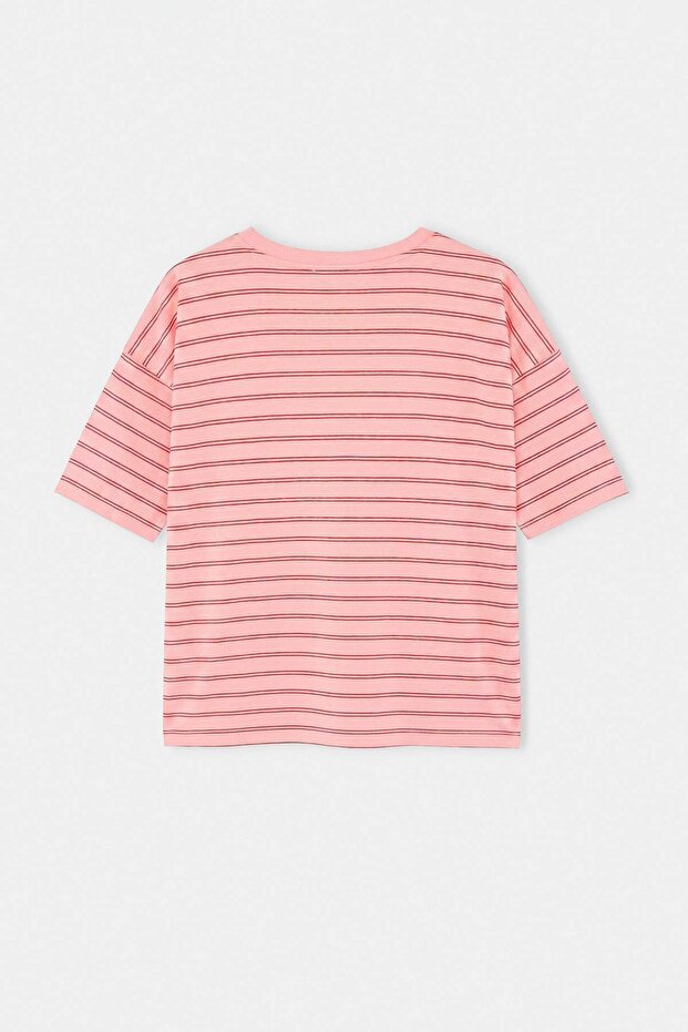 Pembe Çizgili Boxy/Relaxed Kalıp Kısa Kollu Pamuk Karışımlı Örme T-Shirt TBBSS26BF00088 - 3