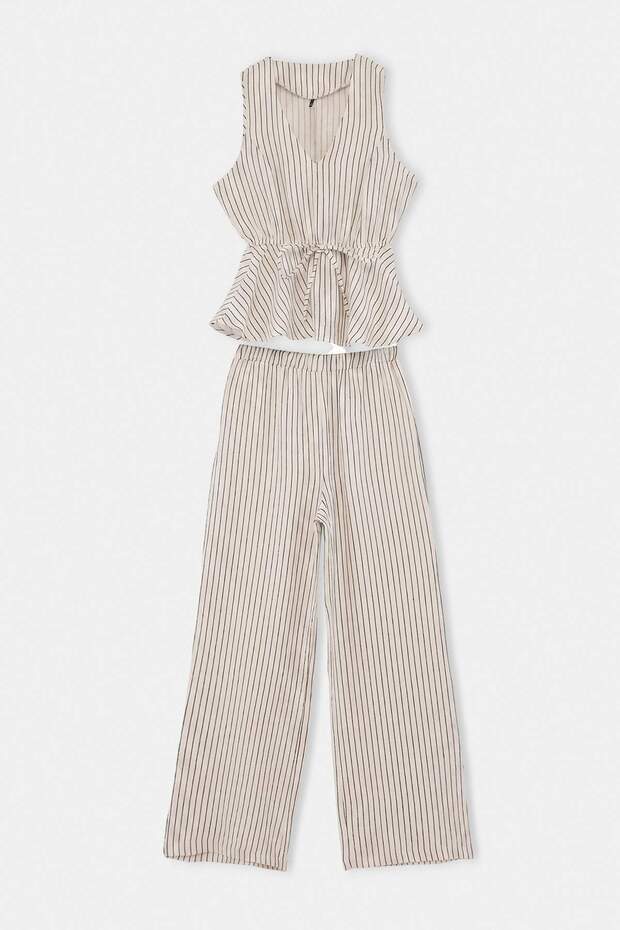 Bej Çizgil Peplum Bluz Geniş Paça Pantolon Dokuma Alt - Üst Takım TWOSS26AU00294 - 2