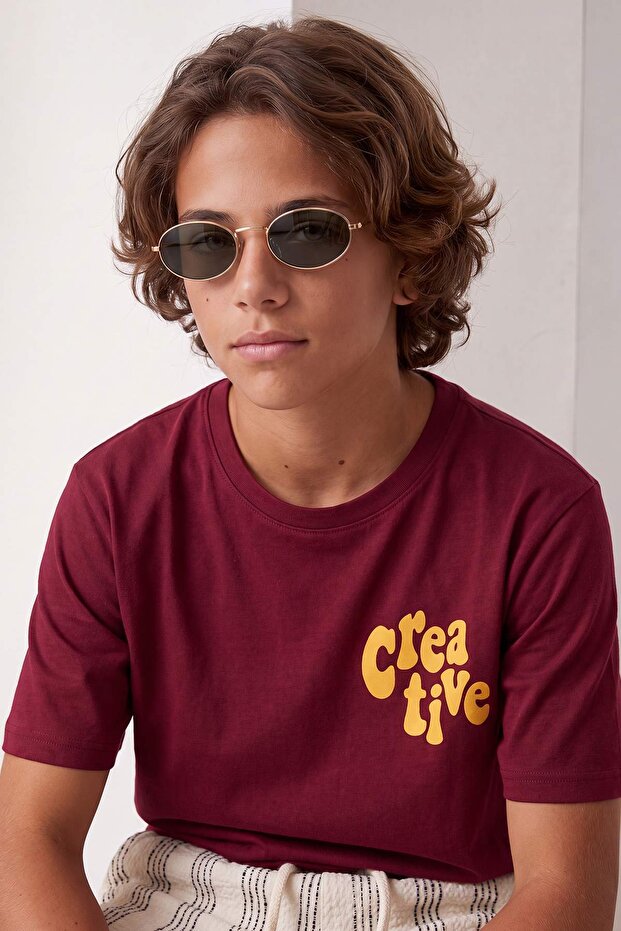 Claret Red Boy's Printed Knitted T-Shirt Tkdss26Ts00100