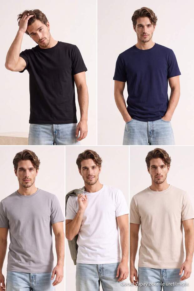 Black-Grey-Navy Blue-White-Stone Regular/Comfortable Fit 5-Pack T-Shirt Tmnss24Ts00082